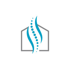 An outline logo of a house combined with a dynamic, blue, spine-like element, representing health and home