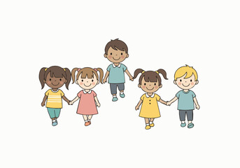 Cute Cartoon Illustration of Diverse Children Holding Hands Friendship Together