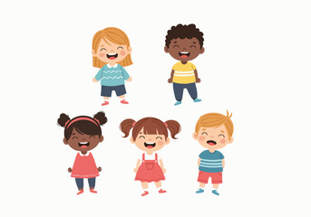 Cartoon Style Diverse Group of Cheerful Smiling Children Characters Illustration