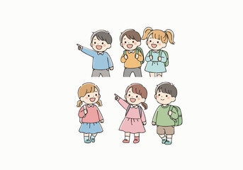 Handdrawn Smiling Little Boy and Girl Group Diverse Kids Illustration