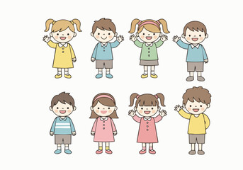 Cute Cartoon Smiling Kids Characters Various Poses Illustration