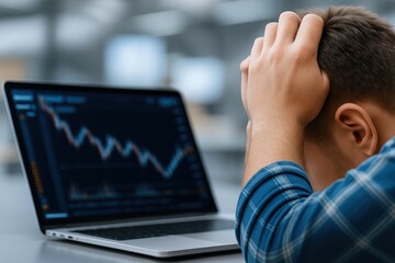 A stressed individual overwhelmed by falling graphs on a laptop screen in a modern office setting.