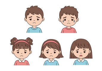 Simple Flat Illustration of Sad Children Faces with Different Hairs and Styles