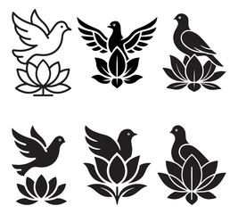 Bird and Lotus Flower Silhouette Icons – Peace Dove Symbol Vector Set