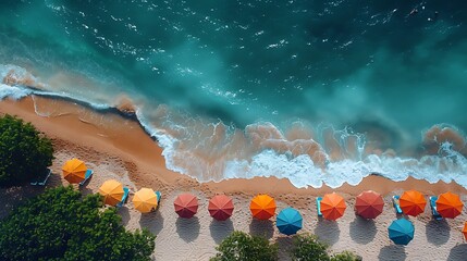 Aerial view of a sandy beach with colorful umbrellas and turquoise ocean waves washing shore