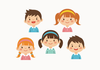 Flat Colorful Cartoon Cute Children Faces Set Illustration Characters
