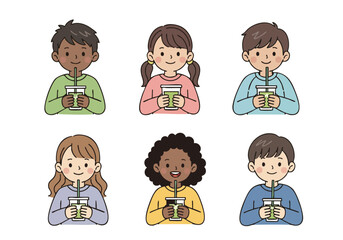 Flat Illustration Diverse Children Drinking Green Smoothie Refreshment Beverage Character