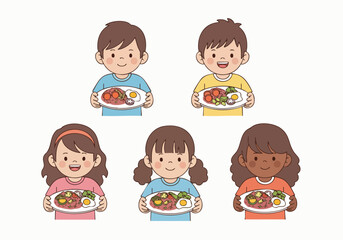 Cartoon Illustration Happy Children Holding Plate of Healthy Food