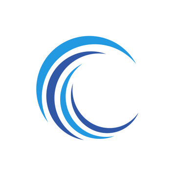 A dynamic logo featuring multiple blue arcing shapes forming a continuous, flowing circular wave design