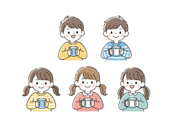 Cute Handdrawn Illustration of Diverse Children Holding Hot Drink Mug