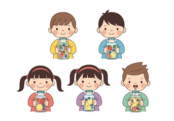 Cartoon Happy Kids Holding Fruit Jar Illustration, Healthy Eating Concept