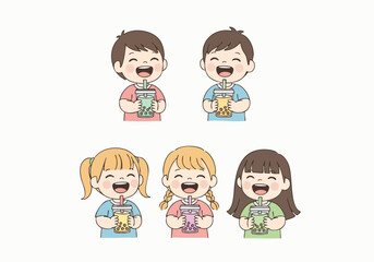 Cheerful Cartoon Smiling Kid Enjoying Sweet Drink Beverage Illustration