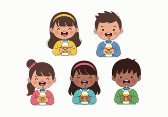 Cartoon Smiling Children Enjoying Nutritious Drink Illustration Set