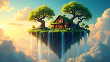Serene Luminous Floating Island Suspended in the Sky – Dreamy Fantasy Landscape with Glowing Light and Surreal Atmosphere