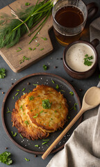 Potato pancakes garnished with herbs, served with drinks and fresh dill on the side