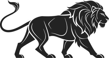 Obraz premium Topic Title: Walking Lion Silhouette with Roaring Profile - Minimalist Design