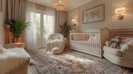 A cozy nursery with a white crib, armchair, and rug in a well lit and decorated room