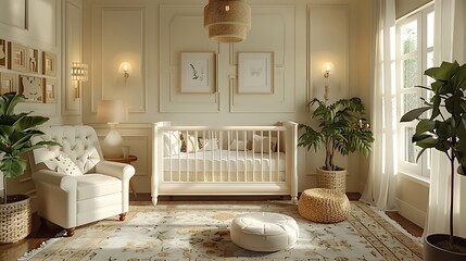 A well decorated nursery room with a white crib chair plants and natural light coming in
