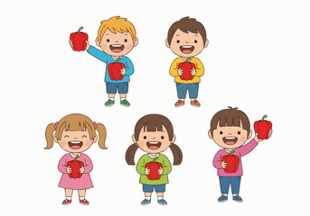 Colorful Handdrawn Happy Children Holding Apple Fruit Character Illustration