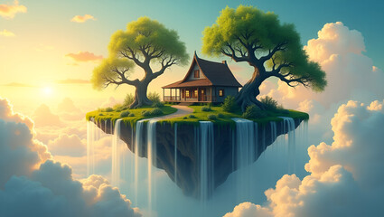 Serene Luminous Floating Island Suspended in the Sky – Dreamy Fantasy Landscape with Glowing Light and Surreal Atmosphere