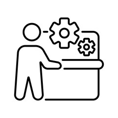 Person sets up a machine iconography illustration. Simple outline person activity icon.