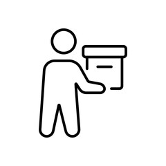 Person carrying a box package iconography illustration. Simple outline person activity icon.