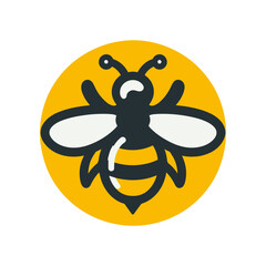 A stylized illustration of a bee on a bright yellow background, symbolizing nature and pollination