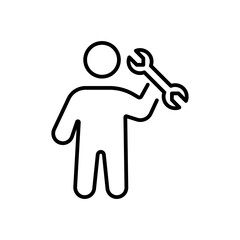 Person holding a wrench iconography illustration. Simple outline person activity icon.
