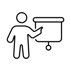 Person pointing at blank canvas iconography illustration. Simple outline person activity icon.