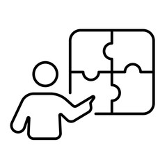 Person pointing at puzzle iconography illustration. Simple outline person activity icon.