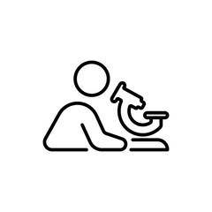 Scientist research checking microscope iconography illustration. Simple outline person activity icon.