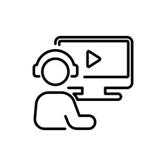 Watching video iconography illustration. Simple outline person activity icon.