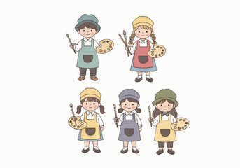 Cute Handdrawn Child Painter Artist with Brush and Palette Illustration Set