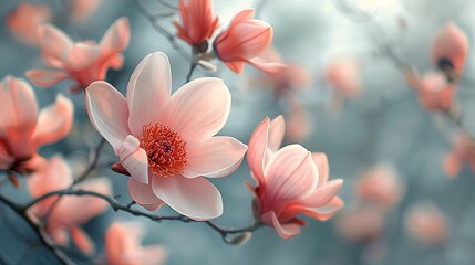A close up of pink magnolia flowers blooming on a branch against a soft blue background