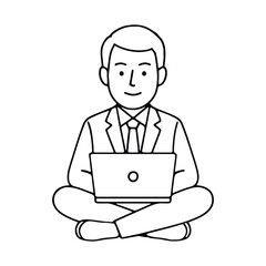 Elderly man sitting cross legged with laptop working peacefully in a minimalist line drawing