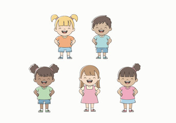 Cute Cartoon Style Group of Smiling Children Standing Together Illustration
