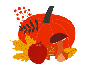 Autumn cute and cozy composition with mushroom and pumpkin and autumn leaves. Colorful harvest elements for sticker pack or design.
