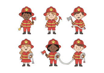 Cute Handdrawn Firefighter Character Illustration Set for Children