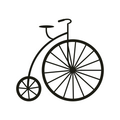 Old vintage high wheel retro bicycle black silhouette. Flat vector isolated illustration for design.
