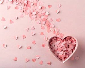 Pink paper hearts scattered on a light pink surface with a heart-shaped bowl filled with hearts
