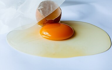 A cracked egg spills onto stark white paper, softened by a translucent vellum sheet draped over the mess, creating a delicate contrast.