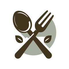 A minimalist design featuring a spoon and fork crossed over leaves, symbolizing healthy eating