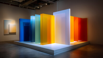 installation view for architectural digest | industrial meditation | analytical tension | powder-coated grayscale | vertical gradient framing | color-separated modules | clean edge bending | modular