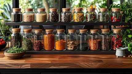 Assortment of spices and herbs in glass jars with cork lids on a wooden shelf setup