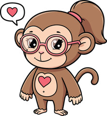 Fototapeta premium Cute cartoon monkey with glasses and a heart symbol in a speech bubble vector illustration