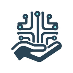 A hand holding a digital brain symbolizing technology and innovation, with circuits emerging