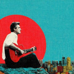 Musician Playing Guitar with Cityscape and Red Sun Background
