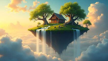 Serene Luminous Floating Island Suspended in the Sky – Dreamy Fantasy Landscape with Glowing Light and Surreal Atmosphere
