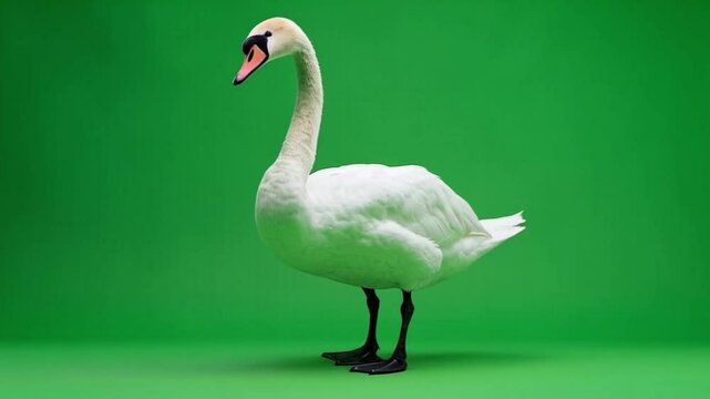 A graceful white swan standing tall against a vibrant and solid green colored background in studio green screen animal video