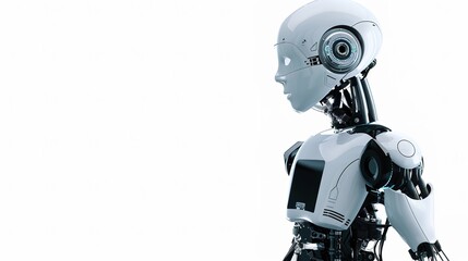 Fototapeta premium Techno-Tales: Futuristic White Background Robot Imagery – Sleek Metallic Exoskeletons, Neon Circuit Details, Expressive Digital Optics, and Dynamic Mechanical Poses in High-Contrast Shots for Sci-Fi I
